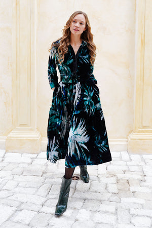 Audrey Dress #1 Shirt Collar 3/4 Sleeve Midi Length Silk Velvet (Watercolor Palm)