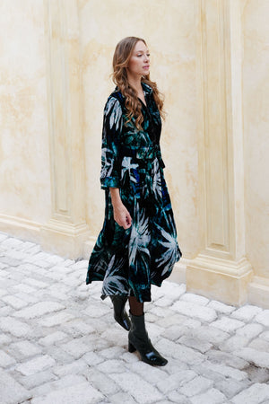 Audrey Dress #1 Shirt Collar 3/4 Sleeve Midi Length Silk Velvet (Watercolor Palm)