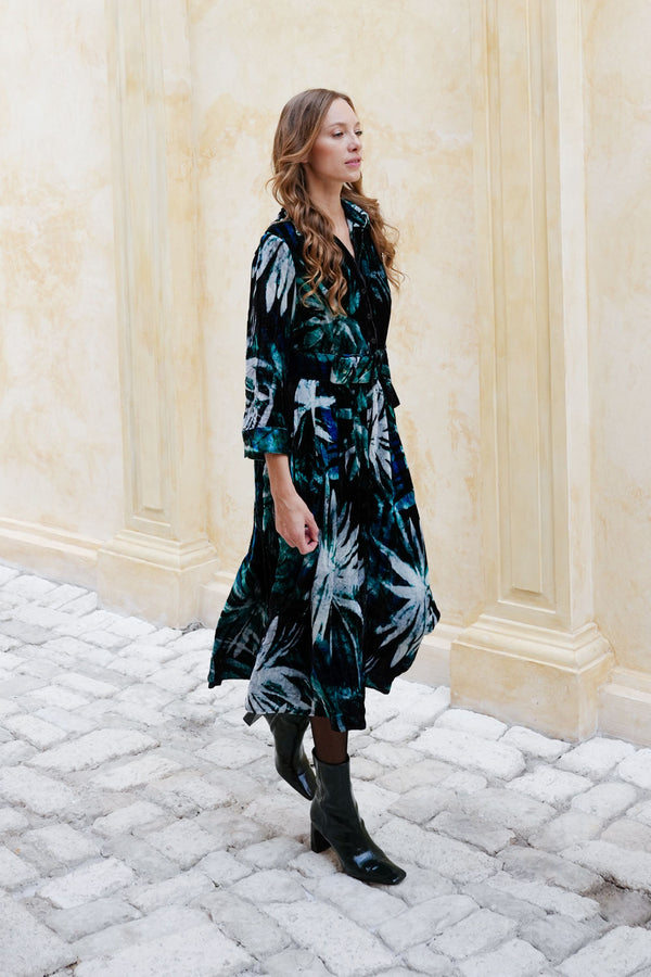 Audrey Dress #1 Shirt Collar 3/4 Sleeve Midi Length Silk Velvet (Watercolor Palm)
