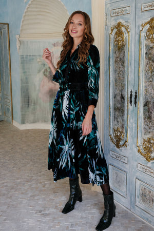 Audrey Dress #1 Shirt Collar 3/4 Sleeve Midi Length Silk Velvet (Watercolor Palm)