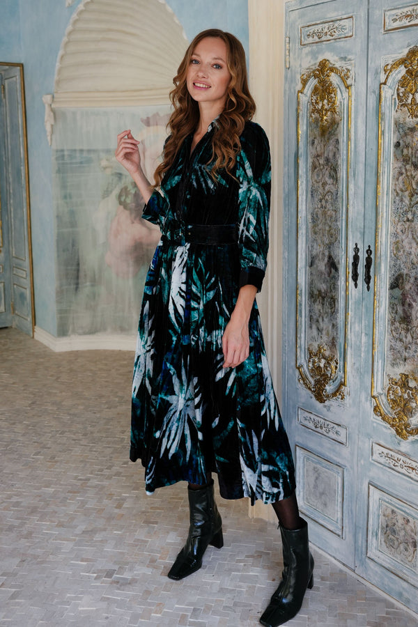 Audrey Dress #1 Shirt Collar 3/4 Sleeve Midi Length Silk Velvet (Watercolor Palm)