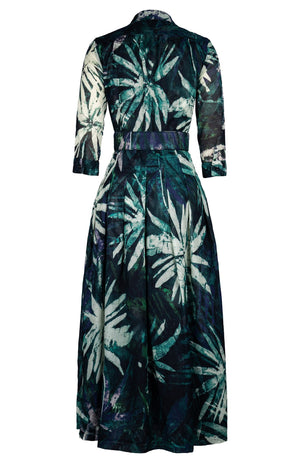 Audrey Dress #3 Shirt Collar 3/4 Sleeve Tea Length Cotton Musola (Watercolor Palm)