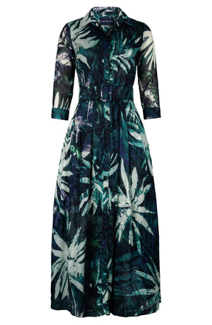 Audrey Dress #3 Shirt Collar 3/4 Sleeve Tea Length Cotton Musola (Watercolor Palm)