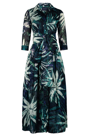 Audrey Dress #3 Shirt Collar 3/4 Sleeve Tea Length Cotton Musola (Watercolor Palm)