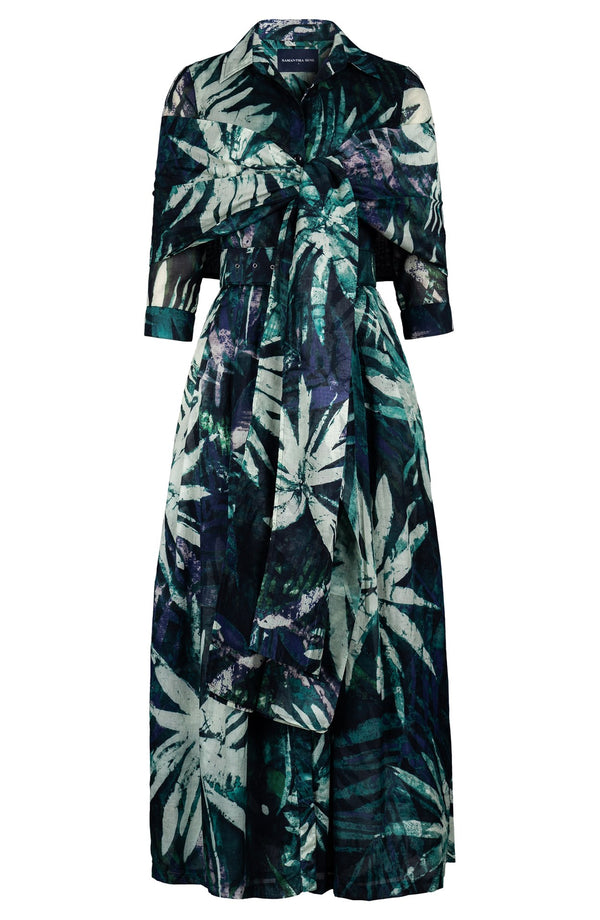 Audrey Dress #3 Shirt Collar 3/4 Sleeve Tea Length Cotton Musola (Watercolor Palm)