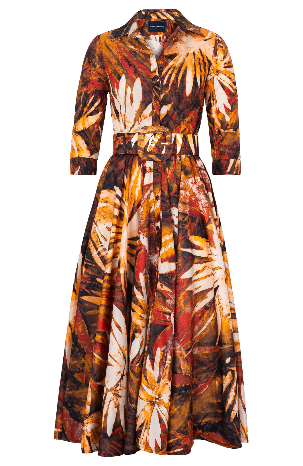 Aster Dress Shirt Collar 3/4 Sleeve Midi Plus Length Poliamide Taffta (Watercolor Palm)