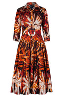 Samantha Dress Shirt Collar 3/4 Sleeve Midi Length Poliamide Taffta (Watercolor Palm)