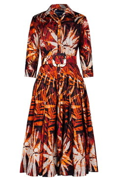 Samantha Dress Shirt Collar 3/4 Sleeve Midi Length Poliamide Taffta (Watercolor Palm)