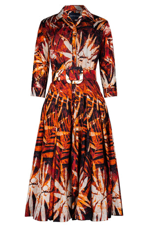 Samantha Dress Shirt Collar 3/4 Sleeve Midi Length Poliamide Taffta (Watercolor Palm)