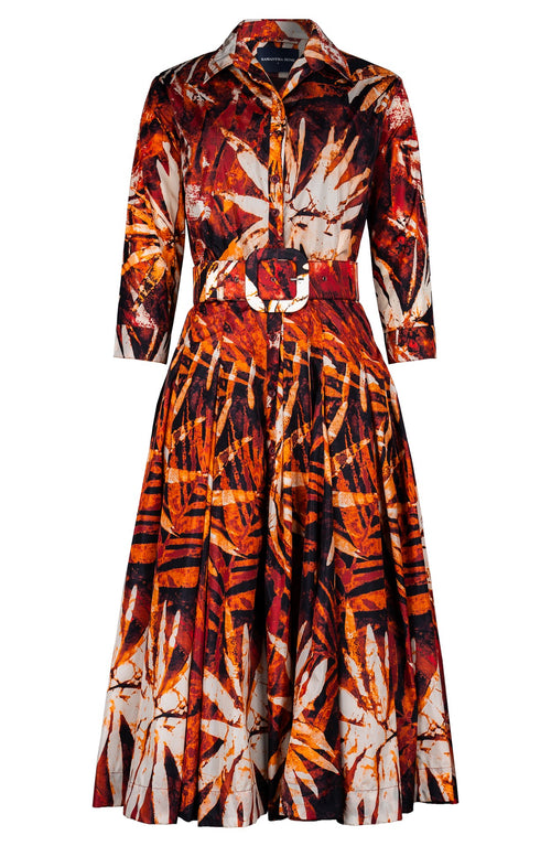Samantha Dress Shirt Collar 3/4 Sleeve Midi Length Poliamide Taffta (Watercolor Palm)