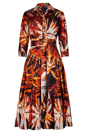 Samantha Dress Shirt Collar 3/4 Sleeve Midi Length Poliamide Taffta (Watercolor Palm)