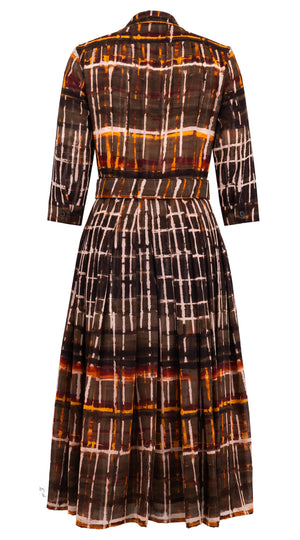 Audrey Dress #4 Shirt Collar 3/4 Sleeve Midi Length Wool Musola (Watercolor Plaid Big) - Camel