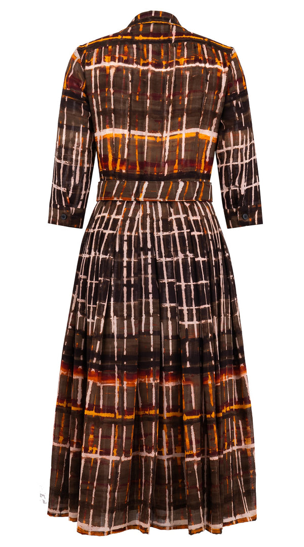 Audrey Dress #4 Shirt Collar 3/4 Sleeve Midi Length Wool Musola (Watercolor Plaid Big) - Camel