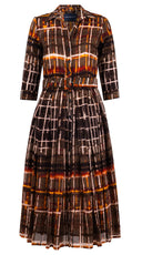Audrey Dress #4 Shirt Collar 3/4 Sleeve Midi Length Wool Musola (Watercolor Plaid Big) - Camel