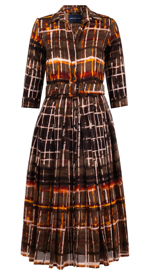 Audrey Dress #4 Shirt Collar 3/4 Sleeve Midi Length Wool Musola (Watercolor Plaid Big) - Camel