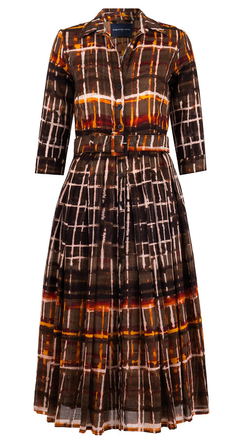 Audrey Dress #4 Shirt Collar 3/4 Sleeve Midi Length Wool Musola (Watercolor Plaid Big) - Camel