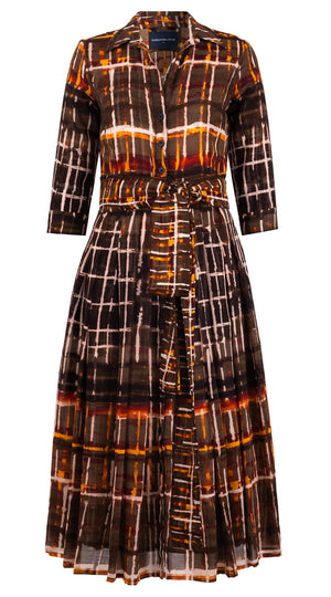 Audrey Dress #4 Shirt Collar 3/4 Sleeve Midi Length Wool Musola (Watercolor Plaid Big) - Camel