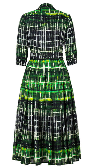 Audrey Dress #4 Shirt Collar 3/4 Sleeve Midi Length Wool Musola (Watercolor Plaid Small) - Green