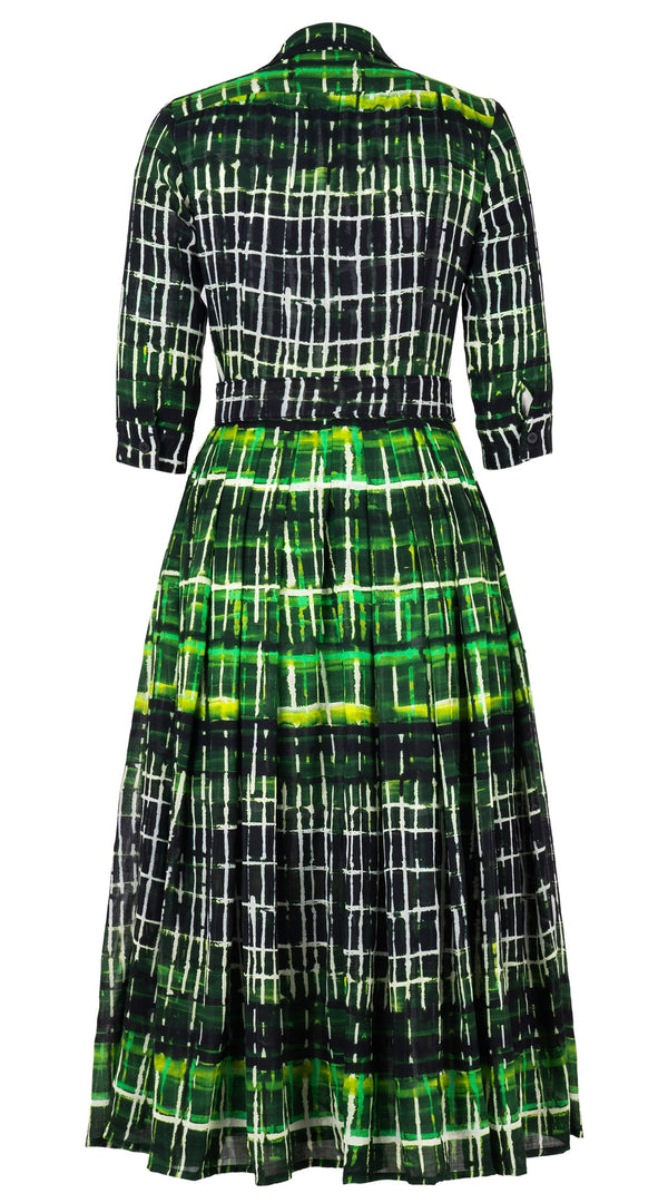 Audrey Dress #4 Shirt Collar 3/4 Sleeve Midi Length Wool Musola (Watercolor Plaid Small) - Green