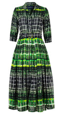 Audrey Dress #4 Shirt Collar 3/4 Sleeve Midi Length Wool Musola (Watercolor Plaid Small) - Green