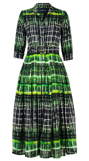 Audrey Dress #4 Shirt Collar 3/4 Sleeve Midi Length Wool Musola (Watercolor Plaid Small) - Green