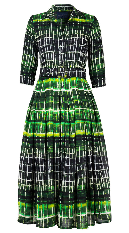 Audrey Dress #4 Shirt Collar 3/4 Sleeve Midi Length Wool Musola (Watercolor Plaid Small) - Green