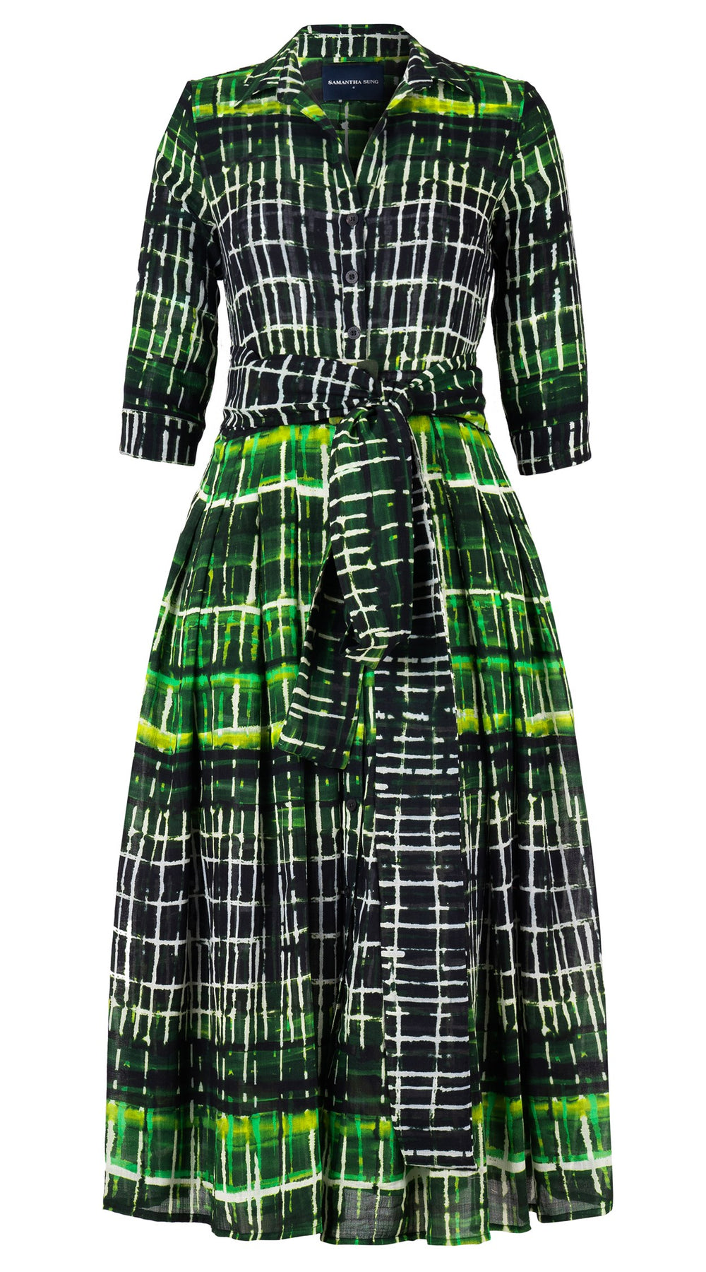 Audrey Dress #4 Shirt Collar 3/4 Sleeve Midi Length Wool (Watercolor Plaid Small) - Green