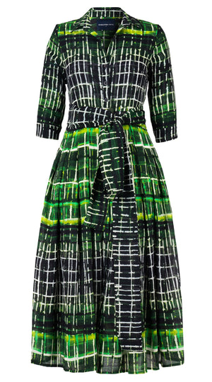 Audrey Dress #4 Shirt Collar 3/4 Sleeve Midi Length Wool Musola (Watercolor Plaid Small) - Green