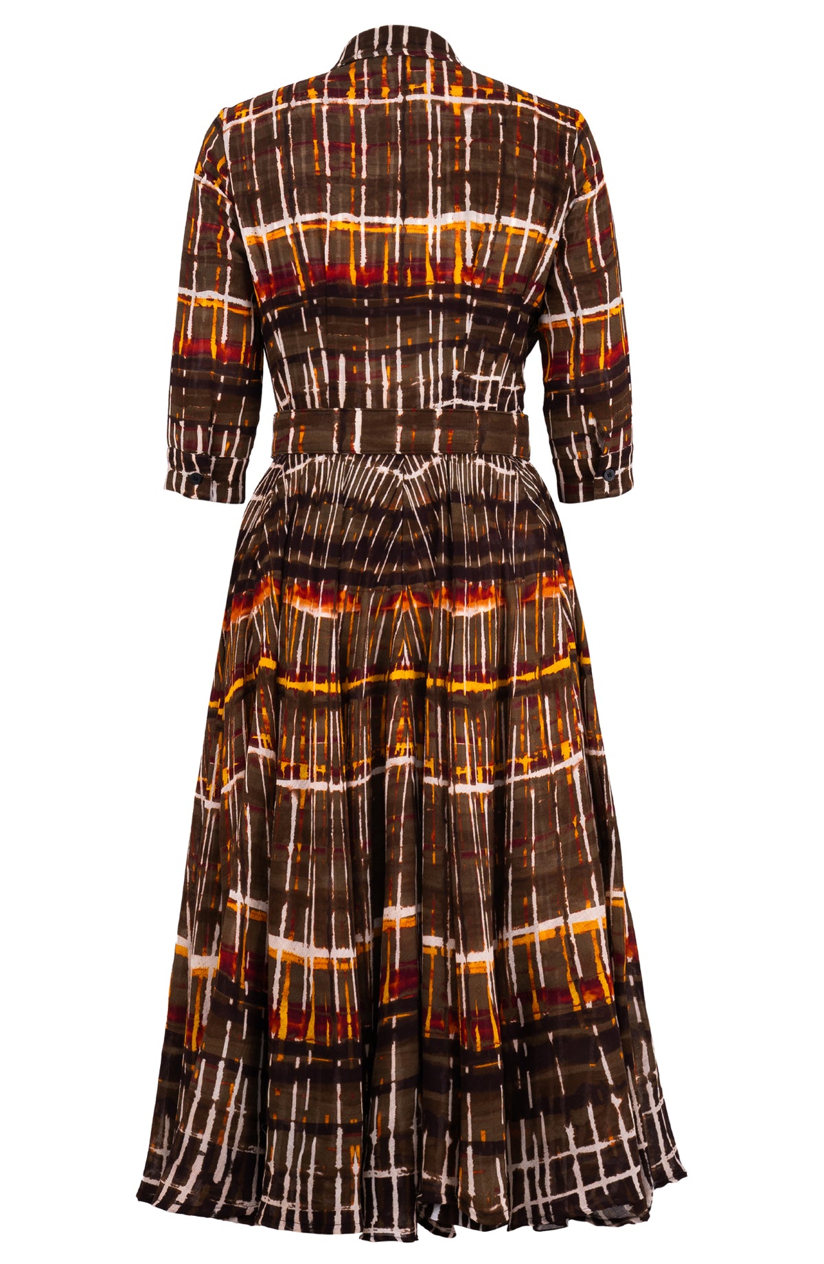 brown plaid button pleated midi dress Aster Shirt Collar 3/4 Sleeve Length Wool (Watercolor Pink Tulle Maxi Fringe PromotionName: Cyber Sale Size:Xs 42 lengthL