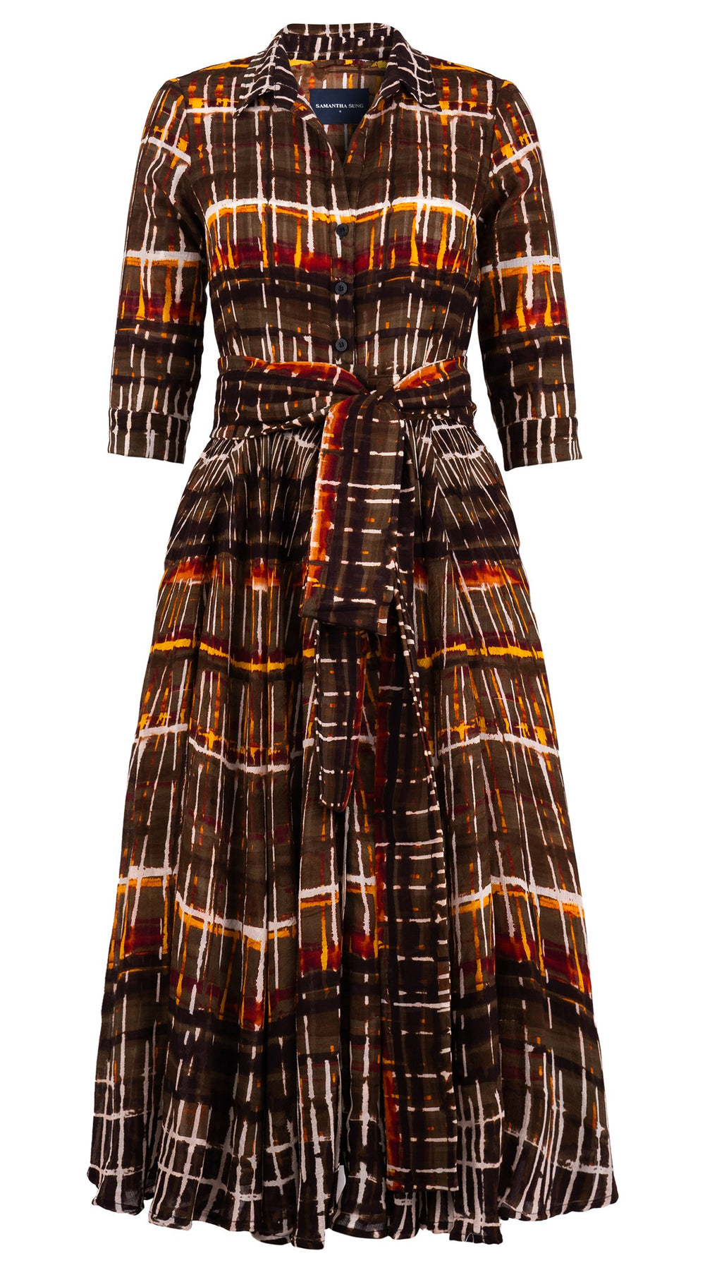 Aster Dress Shirt Collar 3/4 Sleeve Midi Plus Length Wool (Watercolor Plaid) - Camel