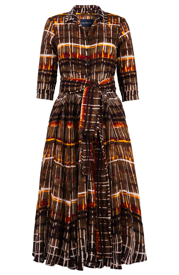 Aster Dress Shirt Collar 3/4 Sleeve Midi Length Wool (Watercolor Plaid) - Camel
