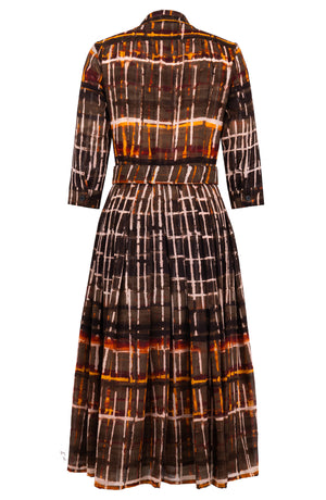 Audrey Dress #4 Shirt Collar 3/4 Sleeve Midi Length Wool (Watercolor Plaid) - Camel