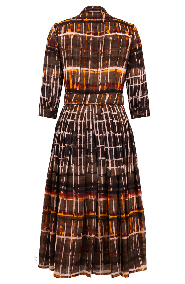 Audrey Dress #4 Shirt Collar 3/4 Sleeve Midi Length Wool (Watercolor Plaid) - Camel