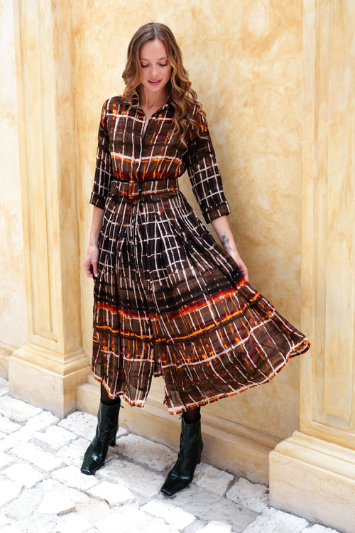 Audrey Dress #4 Shirt Collar 3/4 Sleeve Midi Length Wool (Watercolor Plaid Big) - Camel