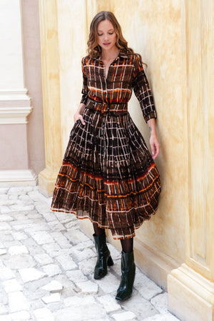 Audrey Dress #4 Shirt Collar 3/4 Sleeve Midi Length Wool (Watercolor Plaid Big) - Camel