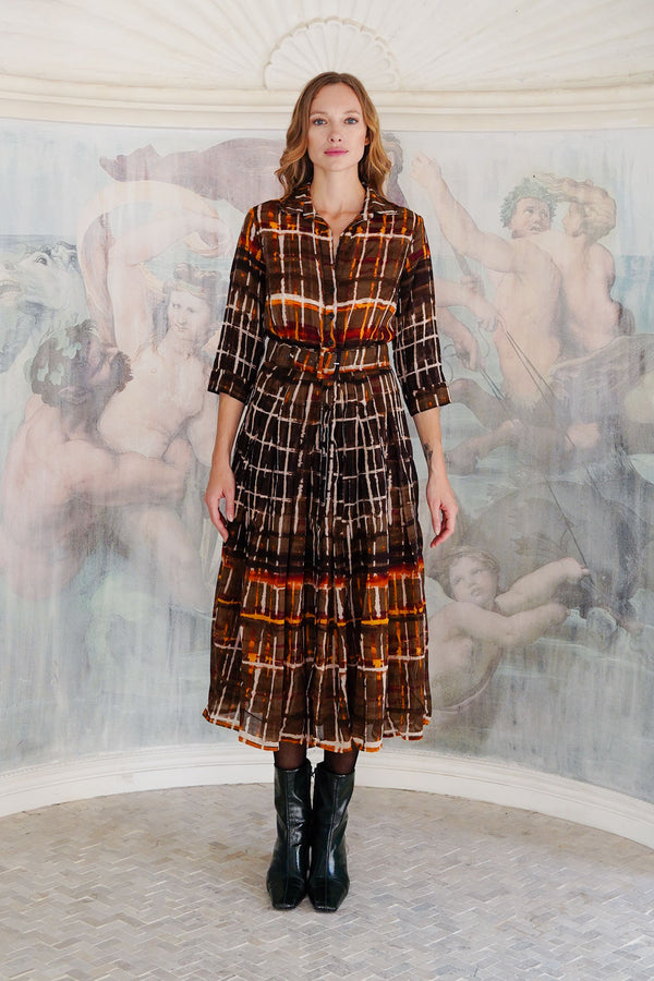 Audrey Dress #4 Shirt Collar 3/4 Sleeve Midi Length Wool (Watercolor Plaid Big) - Camel