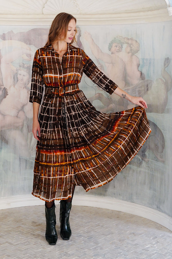 Audrey Dress #4 Shirt Collar 3/4 Sleeve Midi Length Wool (Watercolor Plaid Big) - Camel