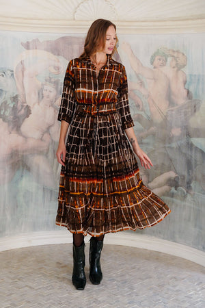 Audrey Dress #4 Shirt Collar 3/4 Sleeve Midi Length Wool (Watercolor Plaid Big) - Camel