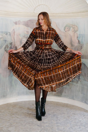 Audrey Dress #4 Shirt Collar 3/4 Sleeve Midi Length Wool (Watercolor Plaid Big) - Camel