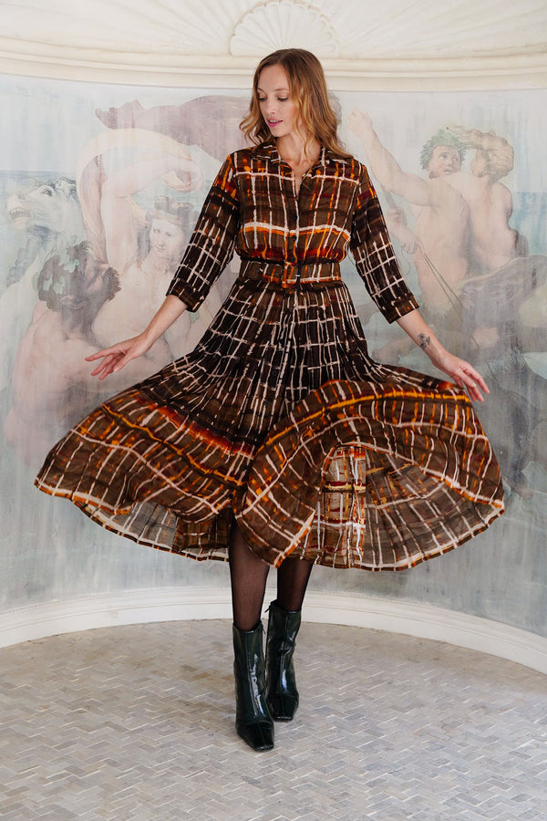 Audrey Dress #4 Shirt Collar 3/4 Sleeve Midi Length Wool (Watercolor Plaid Big) - Camel