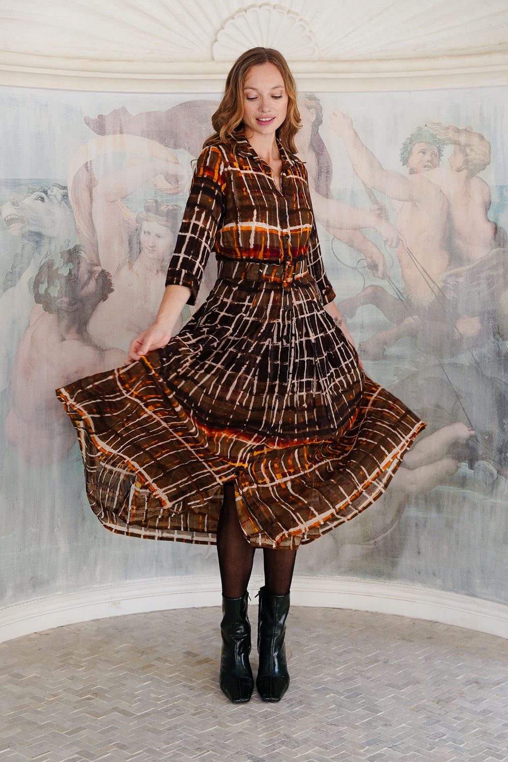 Audrey Dress #4 Shirt Collar 3/4 Sleeve Midi Length Wool (Watercolor Plaid Big) - Camel