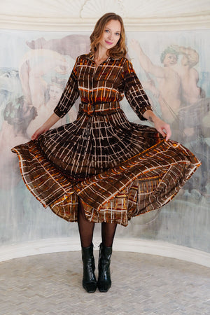 Audrey Dress #4 Shirt Collar 3/4 Sleeve Midi Length Wool (Watercolor Plaid Big) - Camel