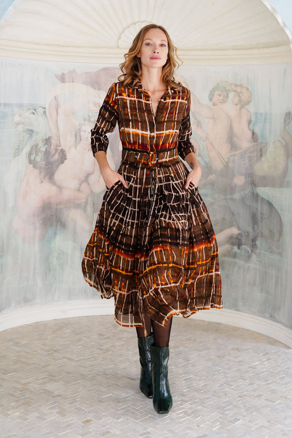 Audrey Dress #4 Shirt Collar 3/4 Sleeve Midi Length Wool (Watercolor Plaid Big) - Camel