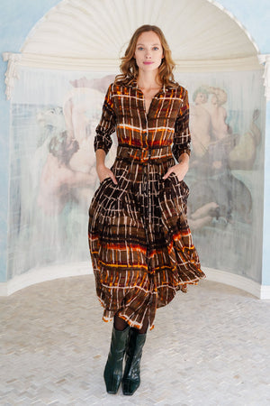 Audrey Dress #4 Shirt Collar 3/4 Sleeve Midi Length Wool (Watercolor Plaid Big) - Camel