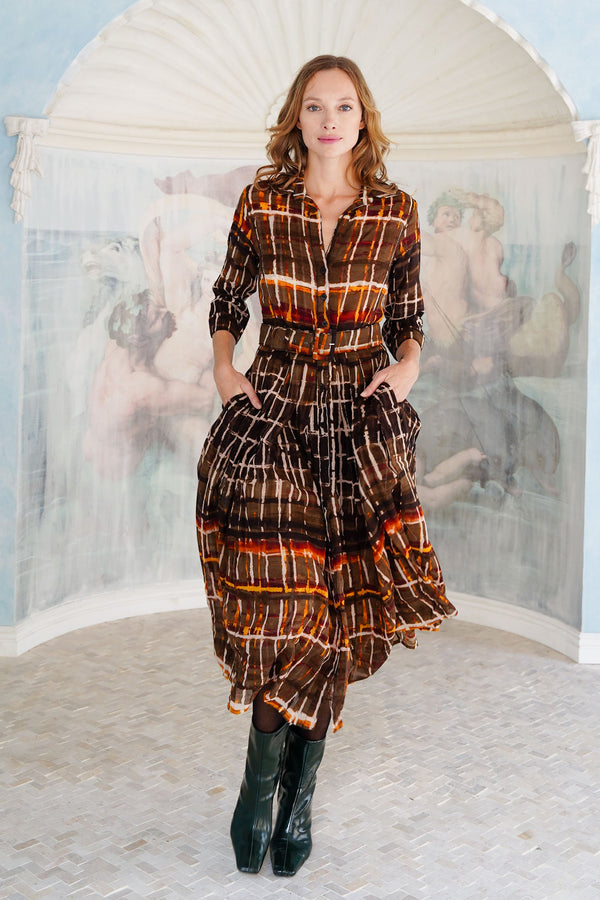 Audrey Dress #4 Shirt Collar 3/4 Sleeve Midi Length Wool (Watercolor Plaid Big) - Camel