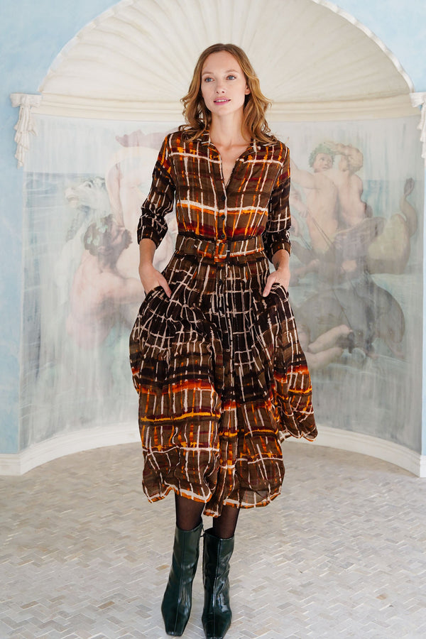 Audrey Dress #4 Shirt Collar 3/4 Sleeve Midi Length Wool (Watercolor Plaid Big) - Camel