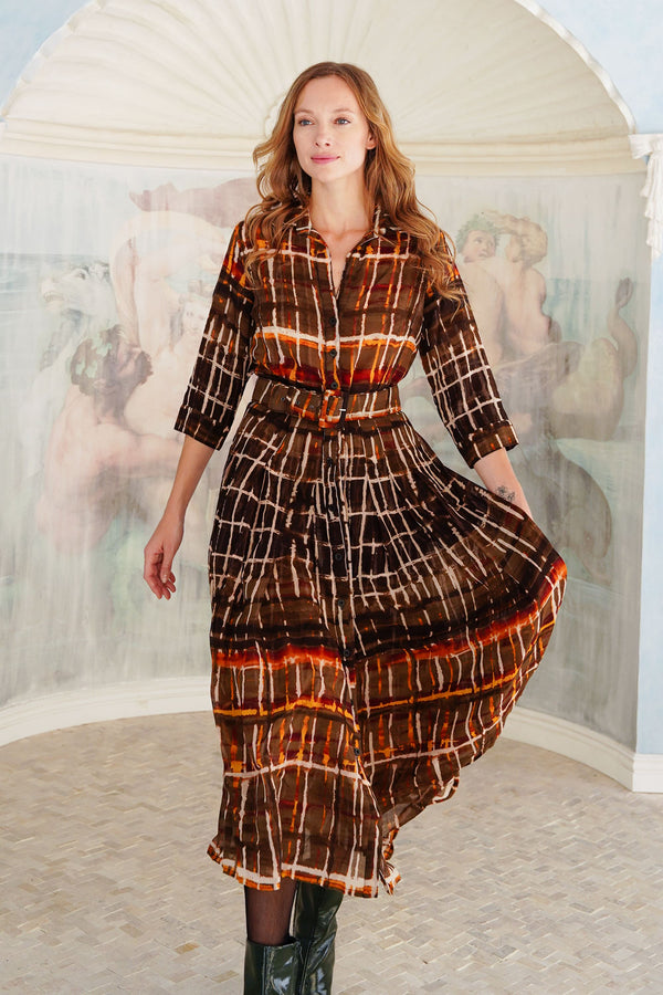 Audrey Dress #4 Shirt Collar 3/4 Sleeve Midi Length Wool (Watercolor Plaid Big) - Camel