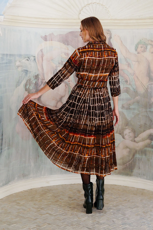 Audrey Dress #4 Shirt Collar 3/4 Sleeve Midi Length Wool (Watercolor Plaid Big) - Camel