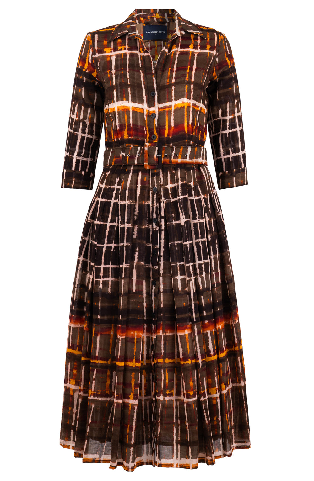 Audrey Dress #4 Shirt Collar 3/4 Sleeve Midi Length Wool (Watercolor Plaid) - Camel