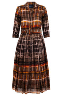 Audrey Dress #4 Shirt Collar 3/4 Sleeve Midi Length Wool (Watercolor Plaid) - Camel